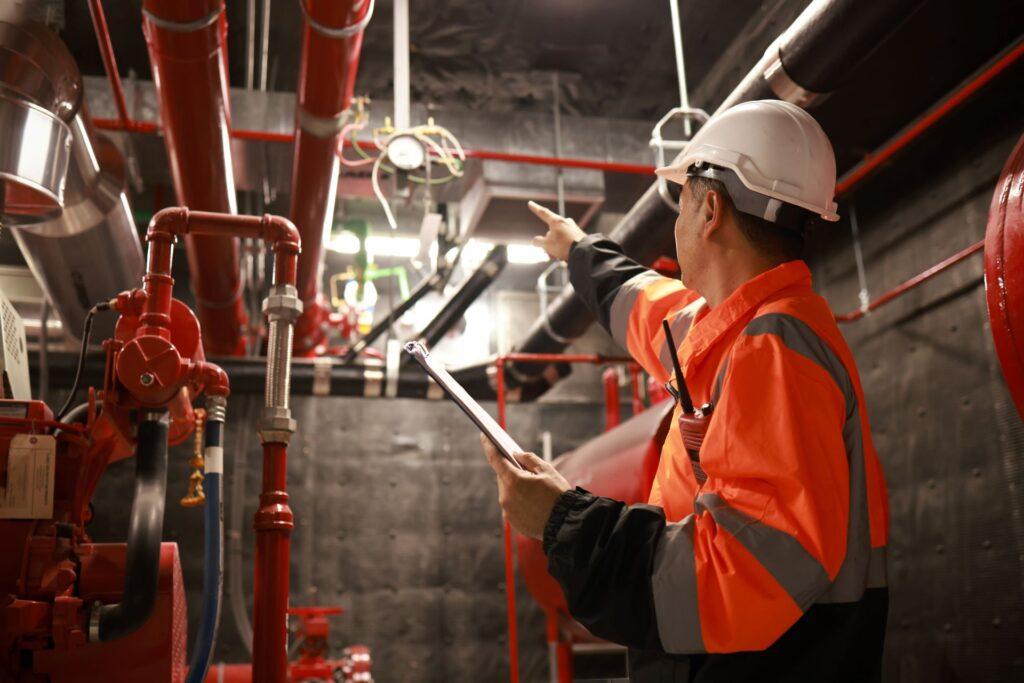 Der Ingenieur prüft die Sicherheitseinrichtungen der Feuerlöschanlage.