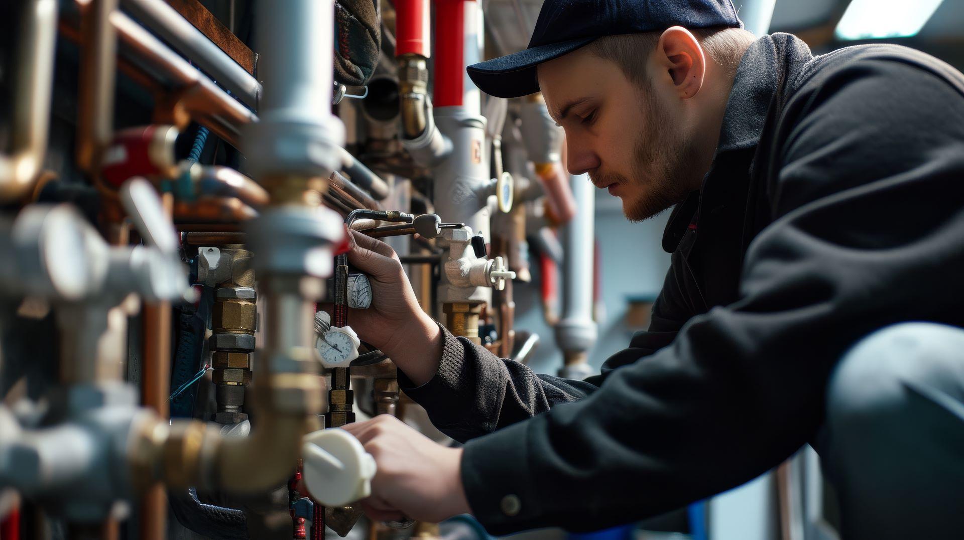 Ein Techniker, der in einer Industrieanlage an einem komplexen Rohrleitungssystem arbeitet. Er trägt eine schwarze Jacke und eine Mütze, während er sorgfältig Einstellungen an verschiedenen Ventilen und Instrumenten vornimmt.