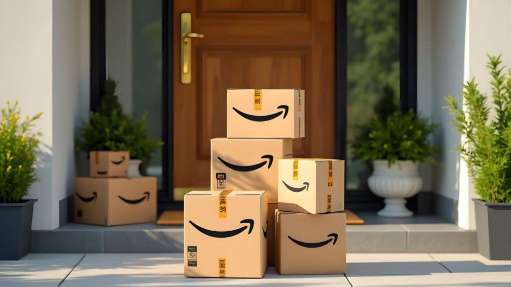 Mehrere Amazon-Pakete vor einer Haustür, die schnelle und effiziente Lieferungen symbolisieren, unterstützt durch eine Amazon Agentur