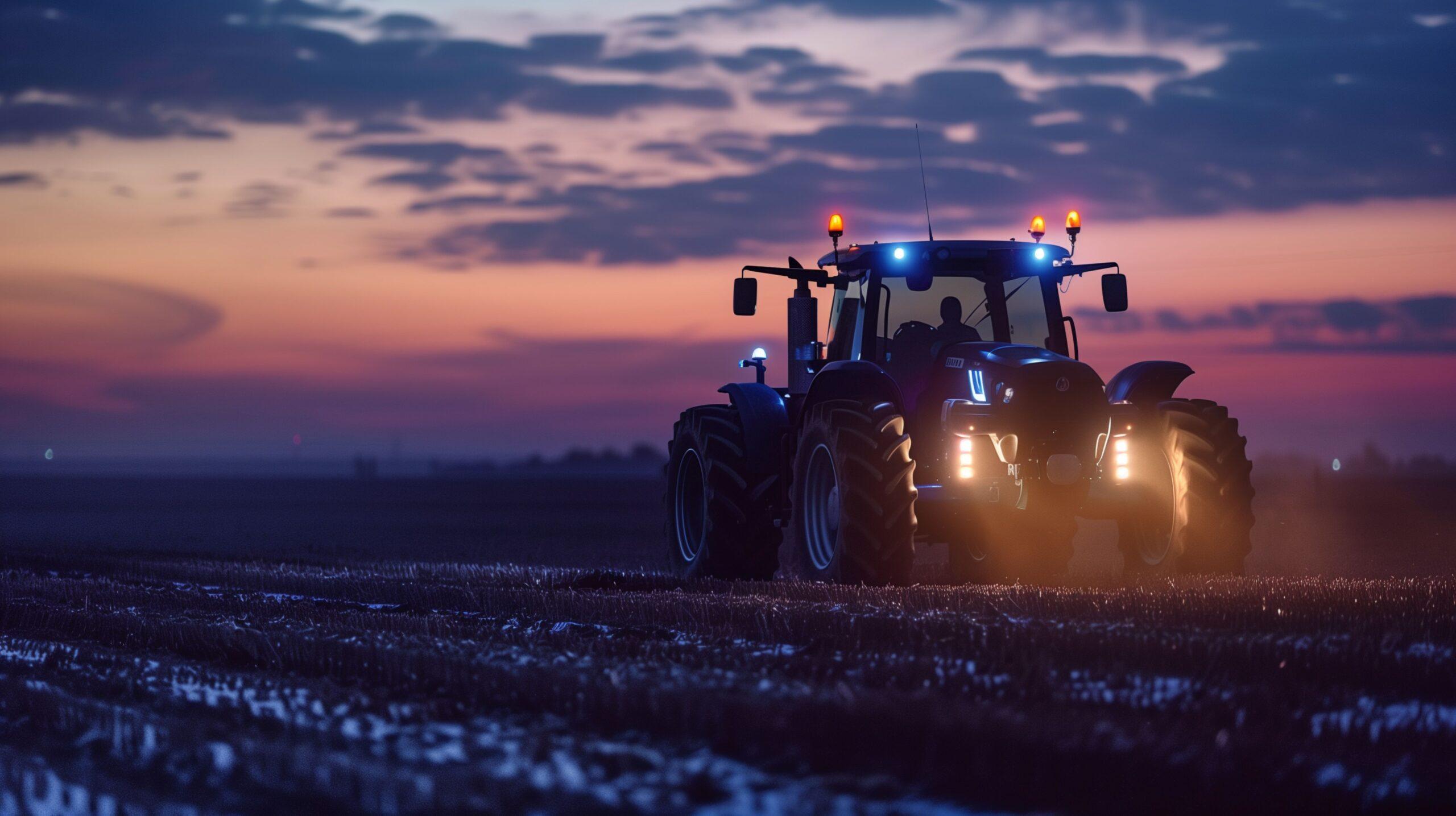 Ein beleuchteter Traktor in der Abenddämmerung