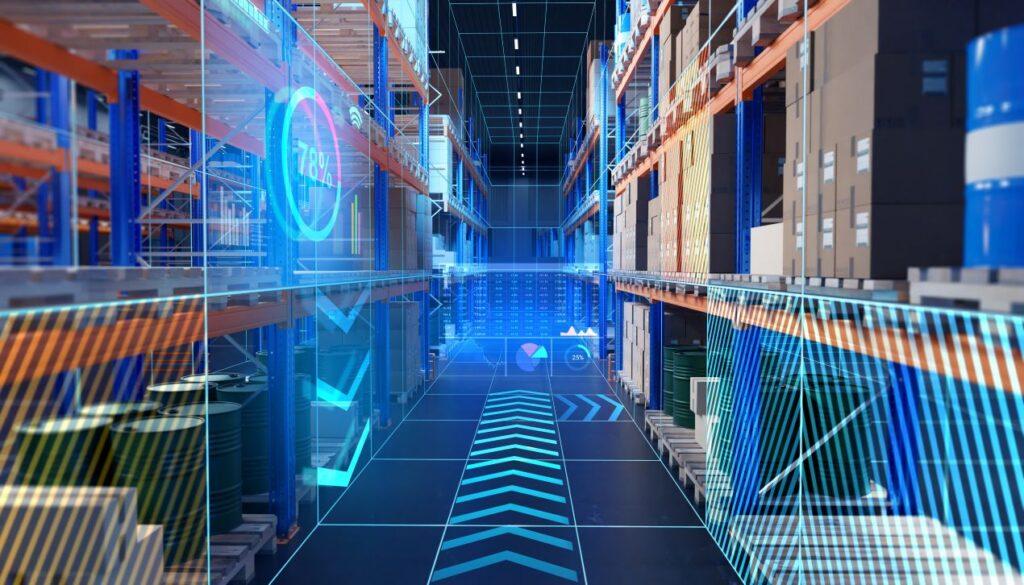Digital animiertes Hochregallager mit eingeblendeten Datenanzeigen, Grafiken und Lagerkennzahlen zur Darstellung intelligenter Lagerlogistik