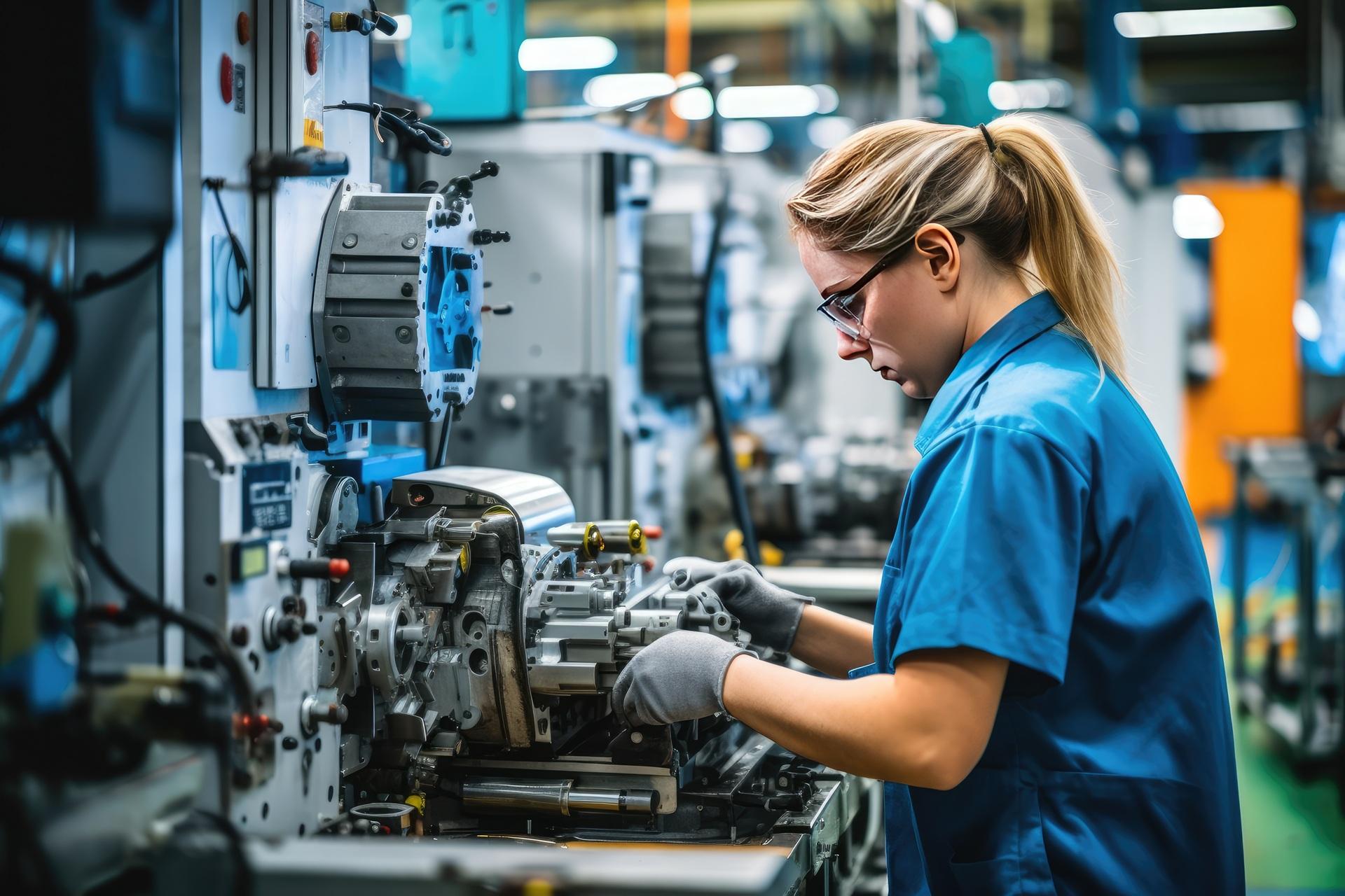 Frau montiert Bauteile an einer Industriemaschine | 2 Ohr Schlauchklemme