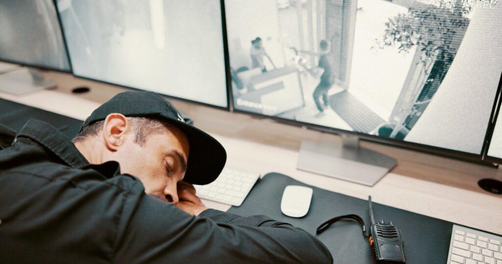 Sicherheitsdienst schläft am Monitor | Schreckschusspistole