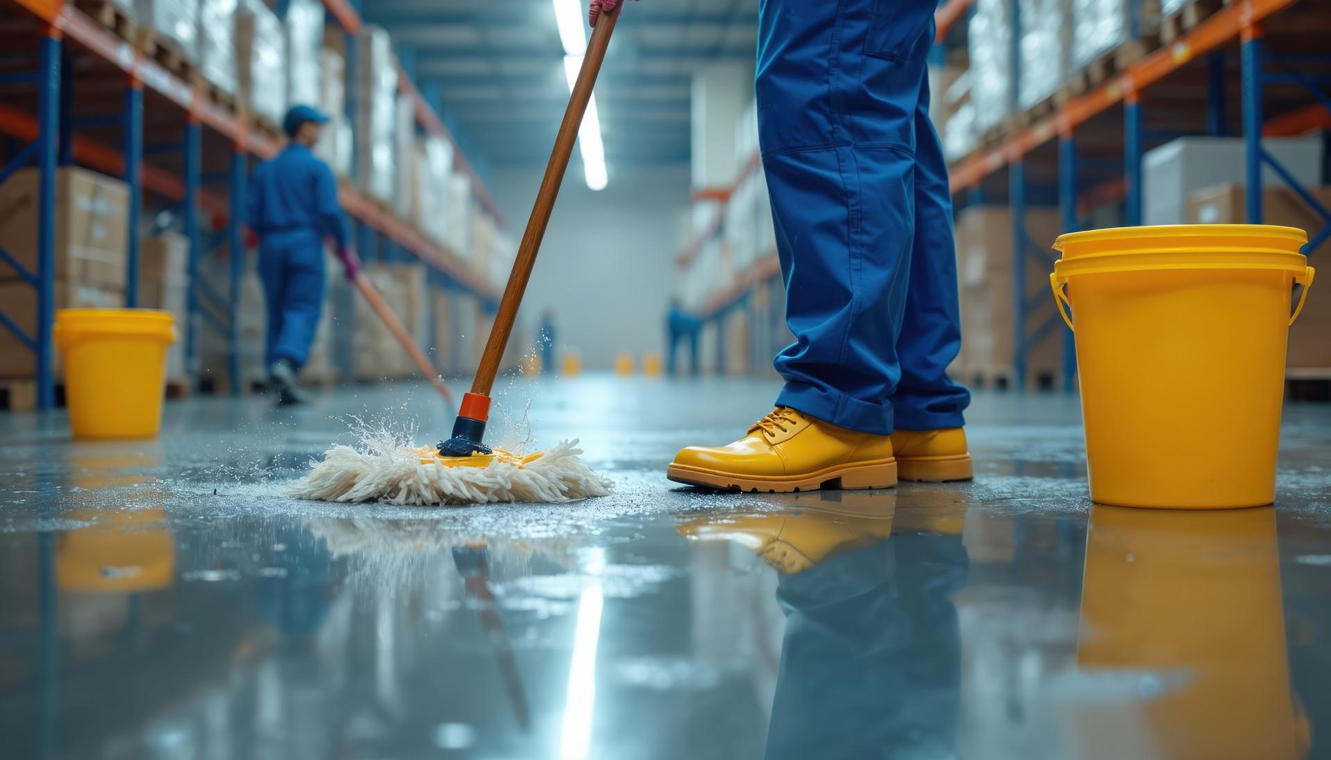 Fachkraft reinigt Industrieboden in Lagerhalle | Reinigungsfirma Düsseldorf